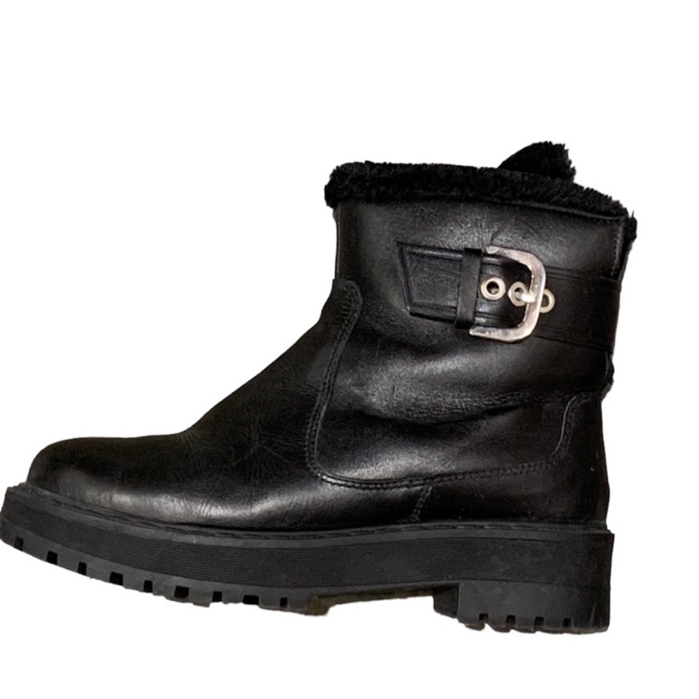 Zara Leather Moto Biker Boots Faux Fur Lining Platform Lug Soles Size 37 - Picture 2 of 12